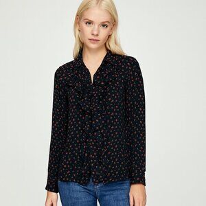 2/$30 ZARA Ruffle Button Down Blouse Rose Print Black Large #8185